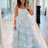 Kaisa | Sky Blue A Line Strapless Ruffle Sequin Lace Prom Dresses