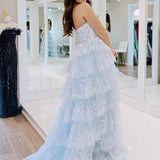 Kaisa | Sky Blue A Line Strapless Ruffle Sequin Lace Prom Dresses