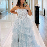 Kaisa | Sky Blue A Line Strapless Ruffle Sequin Lace Prom Dresses