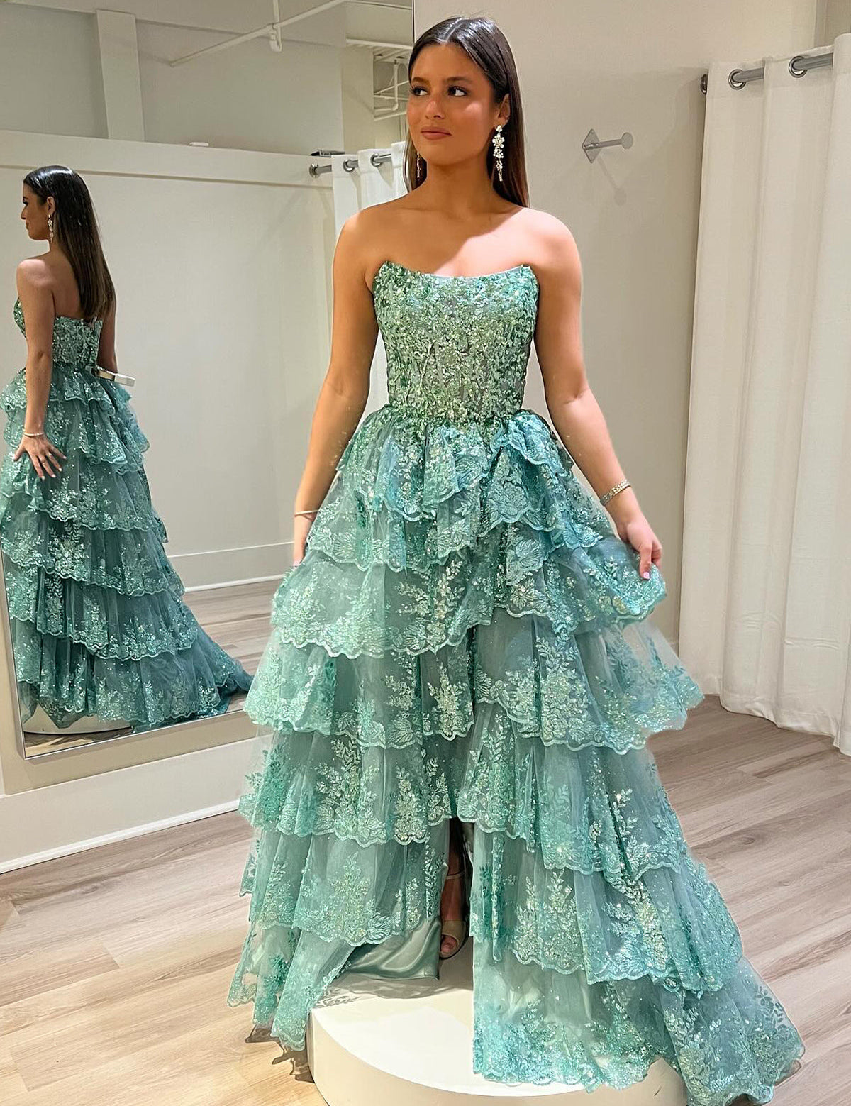 Kaisa | Sky Blue A Line Strapless Ruffle Sequin Lace Prom Dresses