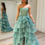 Kaisa | Sky Blue A Line Strapless Ruffle Sequin Lace Prom Dresses