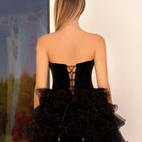 Kennedi | Black Velvet Sweetheart Ruffles Short Homecoming Dress