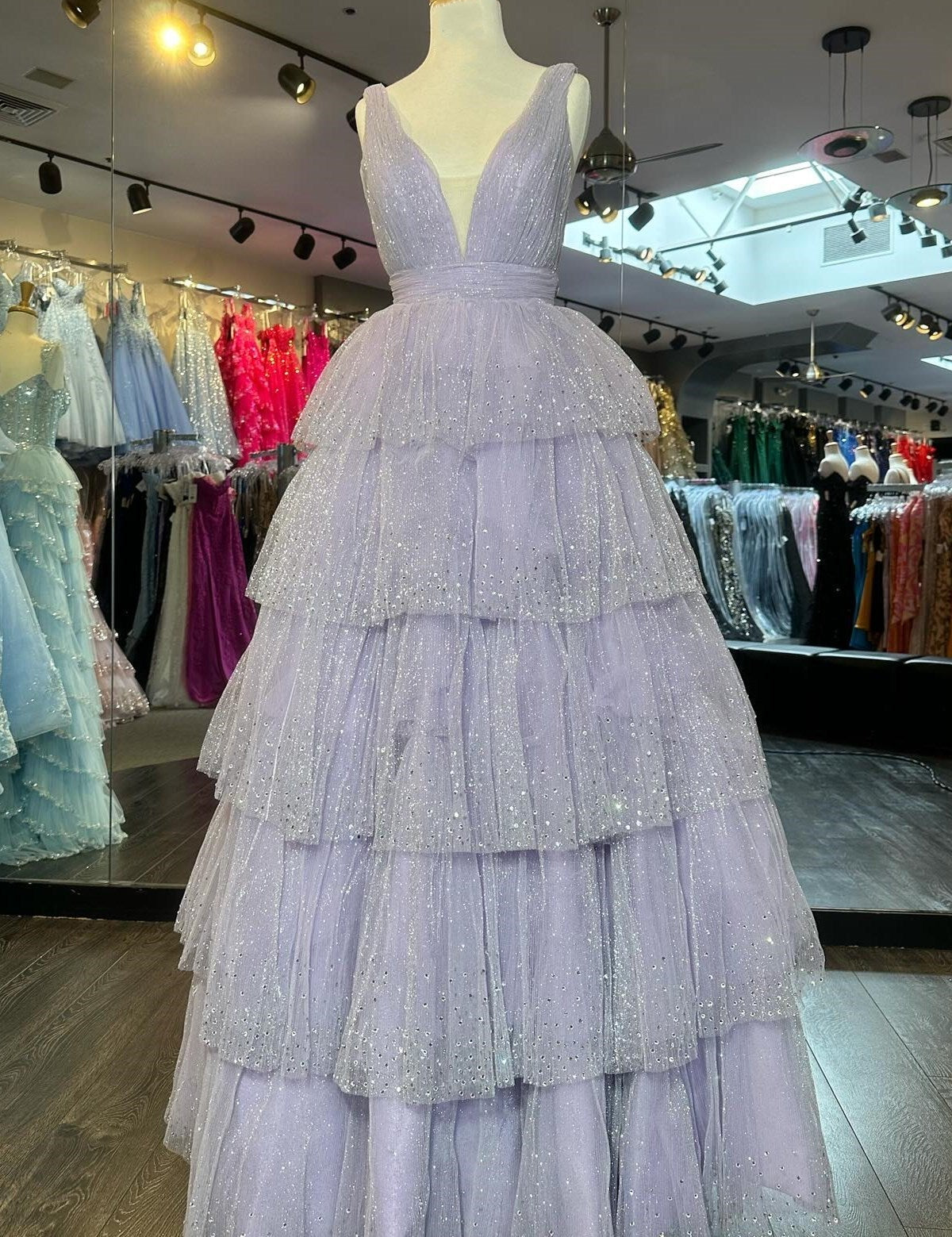 Khloe | Lavender Tulle Sequin V-Neck Ruffle Tiered Long Prom Dress