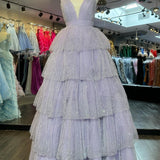 Khloe | Lavender Tulle Sequin V-Neck Ruffle Tiered Long Prom Dress