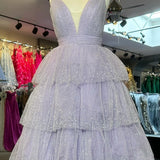 Khloe | Lavender Tulle Sequin V-Neck Ruffle Tiered Long Prom Dress