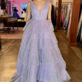 Khloe | Lavender Tulle Sequin V-Neck Ruffle Tiered Long Prom Dress