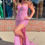 Kirsti | Pink V Neck Lace Mermaid Prom Dresses With Split