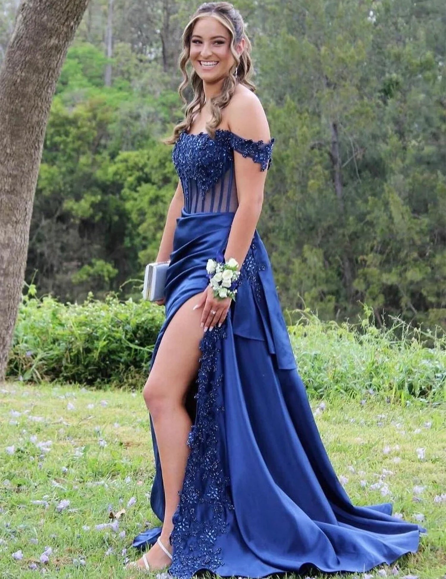 Korla | Off the Shoulder Satin Beaded Prom Dress With Appliques