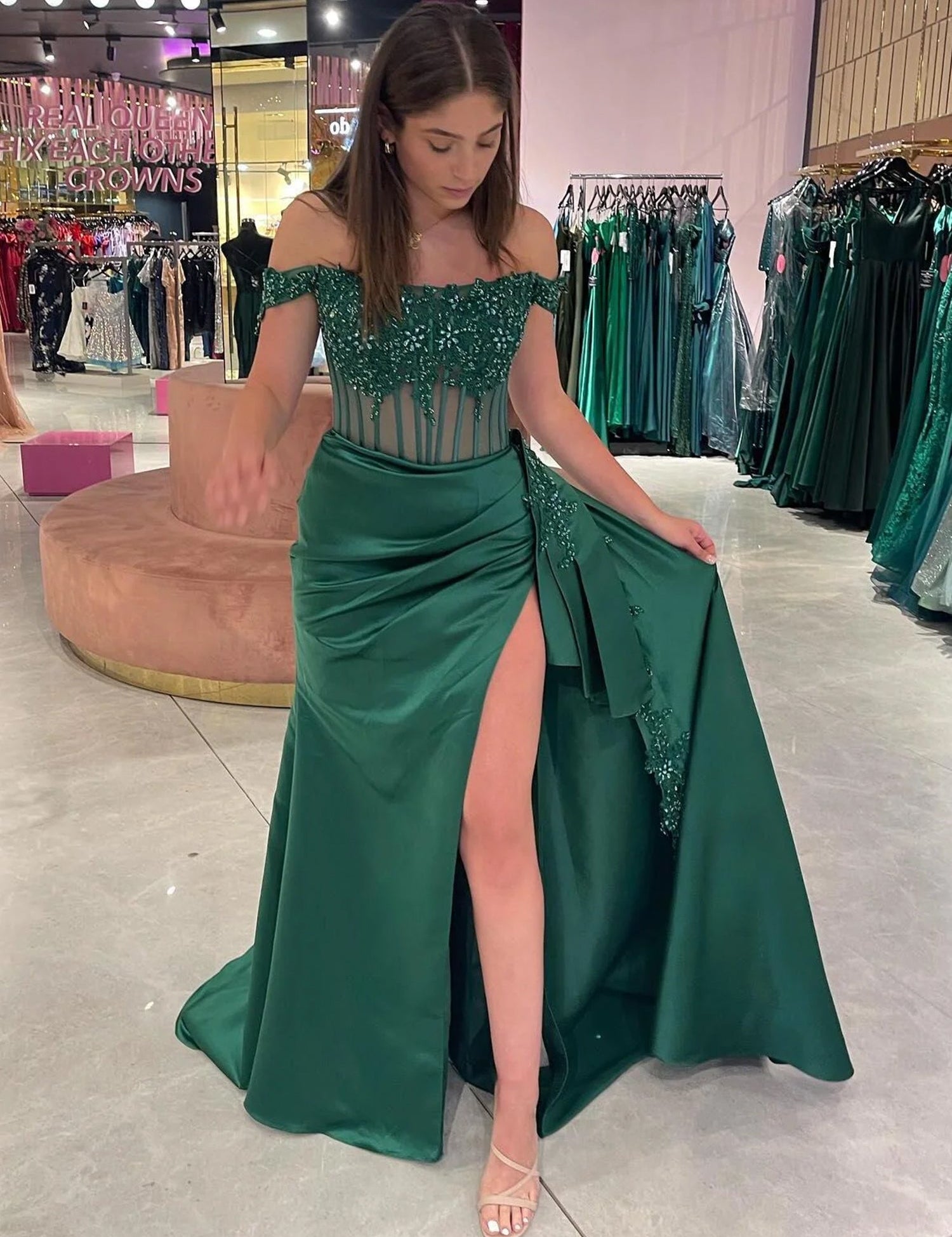 Korla | Off the Shoulder Satin Beaded Prom Dress With Appliques