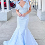 Kycera | Sky Blue V Neck Mermaid Satin Long Prom Dress With Bow