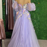 Kylena | Lavender A-Line Strapless Tulle Prom Dress with 3D Flowers