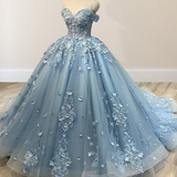 Lace Sky Blue Off the Shoulder Ball Gown Quinceanera Dresses