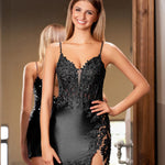 KissDress Sheath V-Neck Short Cocktail Homecoming Dress | The gown features a lace corset bodice, Spaghetti straps and a curve hugging tight mini skirt. A daring sexy high slit embellished with lace completes this beautiful look.