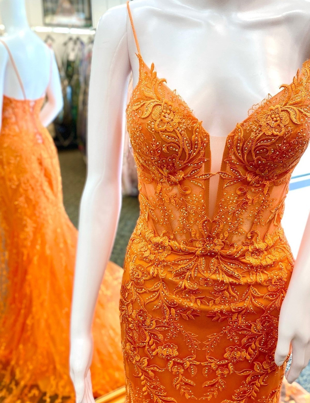 Lesha | Orange Lace Spaghetti Straps Mermaid Long Formal Dress