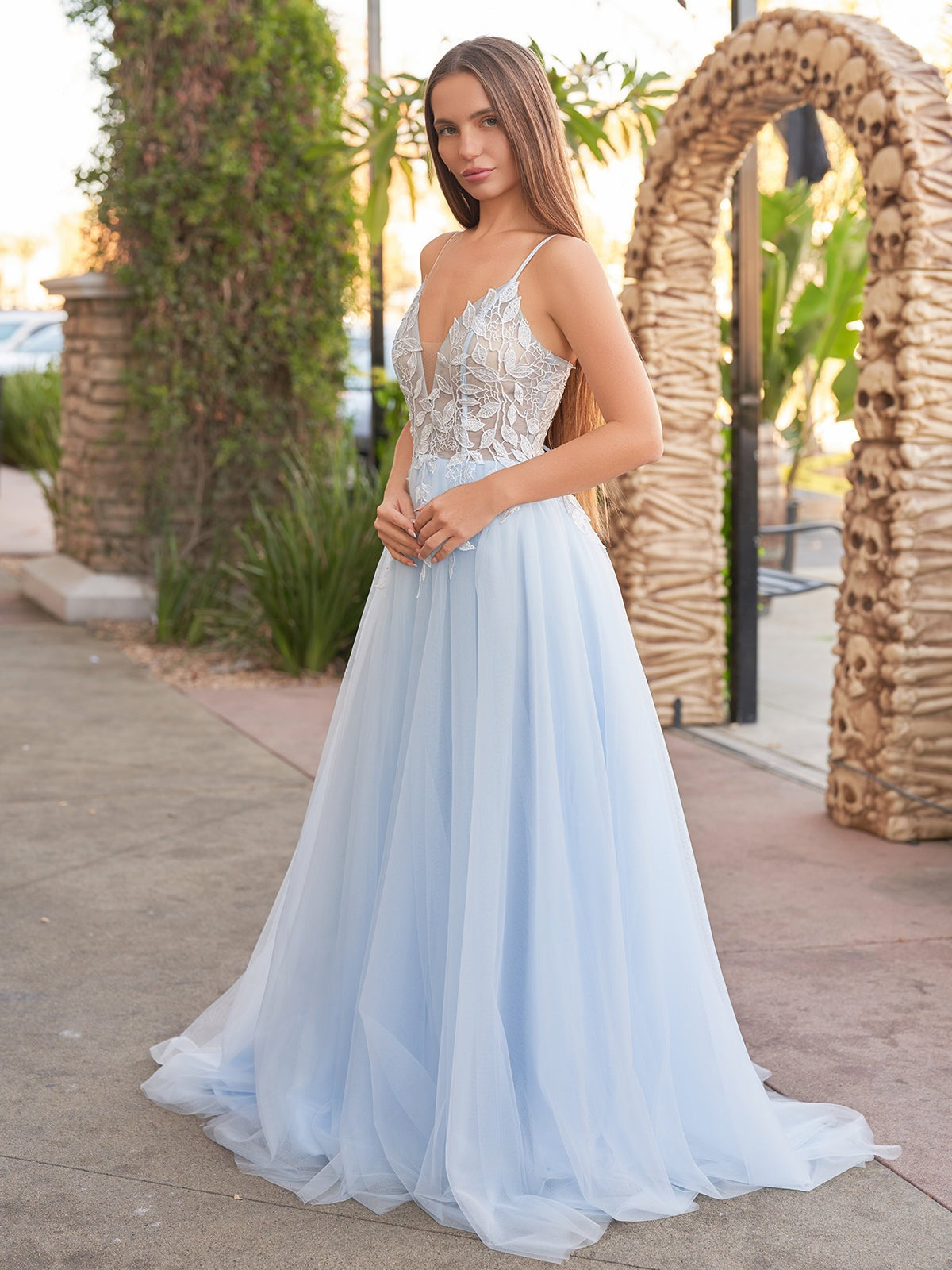 Cynthia | Light Blue V Neck Lace-Up Appliques Tulle Long Prom Dress