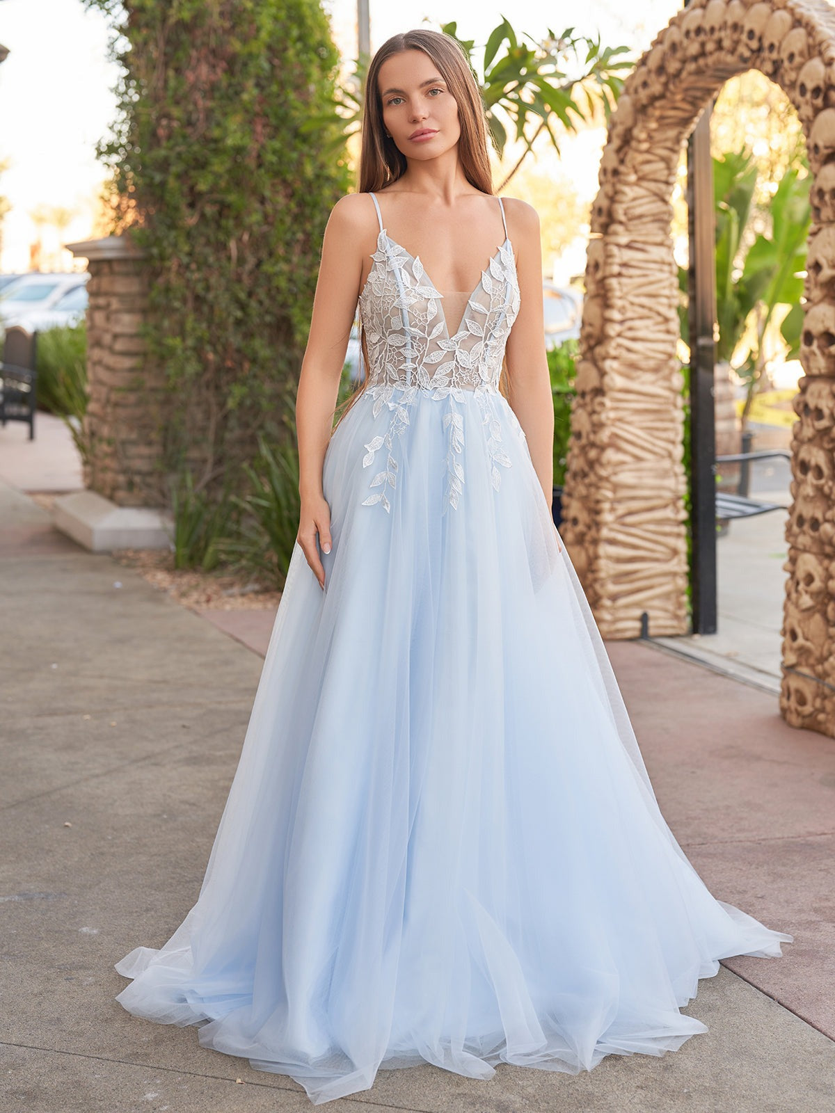 Cynthia | Light Blue V Neck Lace-Up Appliques Tulle Long Prom Dress