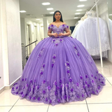 Ball Gown Lace Off-the-Shoulder Lavender Quinceanera Dress