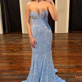 Sweetheart Mermaid Light Blue Sequin Long Prom Dress