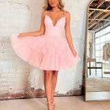 Layla | A-Line Deep V Neck Tiered Short Homecoming Dress