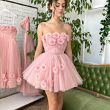 Iris |A-line Short Homecoming Dress with Handmade Flowers