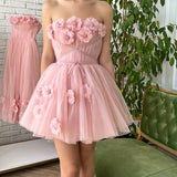 Iris |A-line Short Homecoming Dress with Handmade Flowers