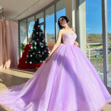 Lilac Tulle Ball Gown Beaded Long Prom Quinceanera Dresses