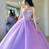 Lilac Tulle Ball Gown Beaded Long Prom Quinceanera Dresses