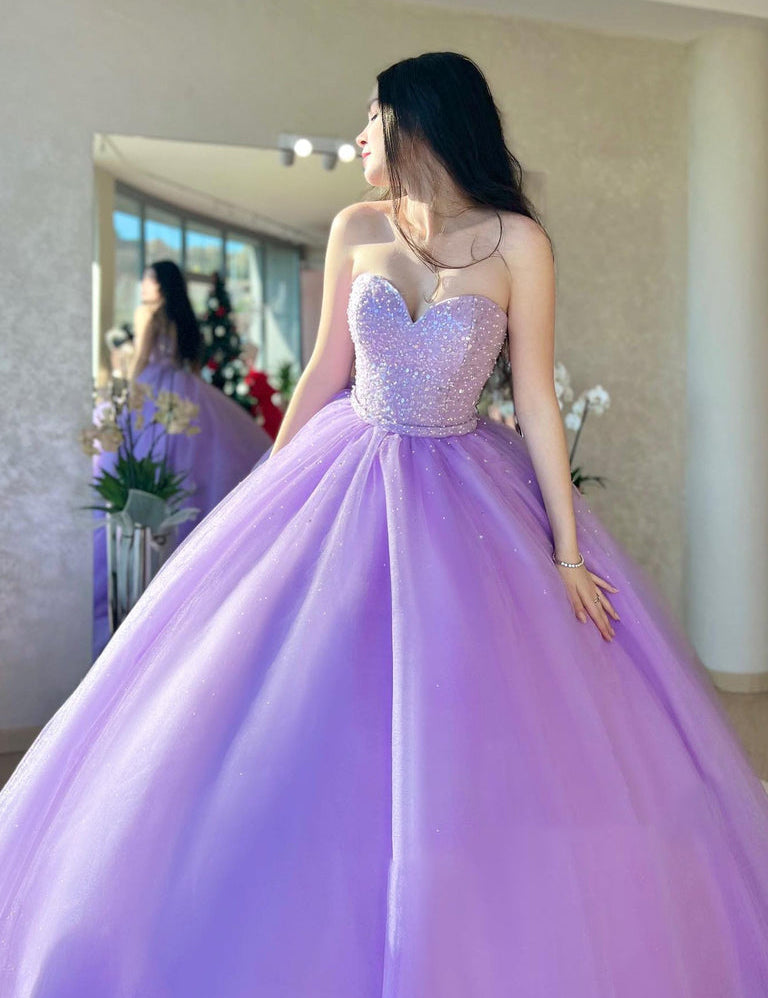 Lilac Tulle Ball Gown Beaded Long Prom Quinceanera Dresses