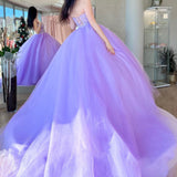 Lilac Tulle Ball Gown Beaded Long Prom Quinceanera Dresses