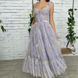 Alicia |A-line Lilac Tea Length Tulle Prom Dress with Embroidery