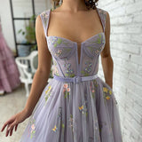 Alicia |A-line Lilac Tea Length Tulle Prom Dress with Embroidery