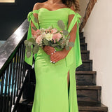 Lincoln | Off the Shoulder Lemon Green Ruched Mermaid Long Formal Dress