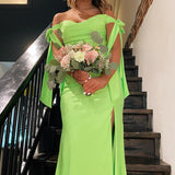 Lincoln | Off the Shoulder Lemon Green Ruched Mermaid Long Formal Dress