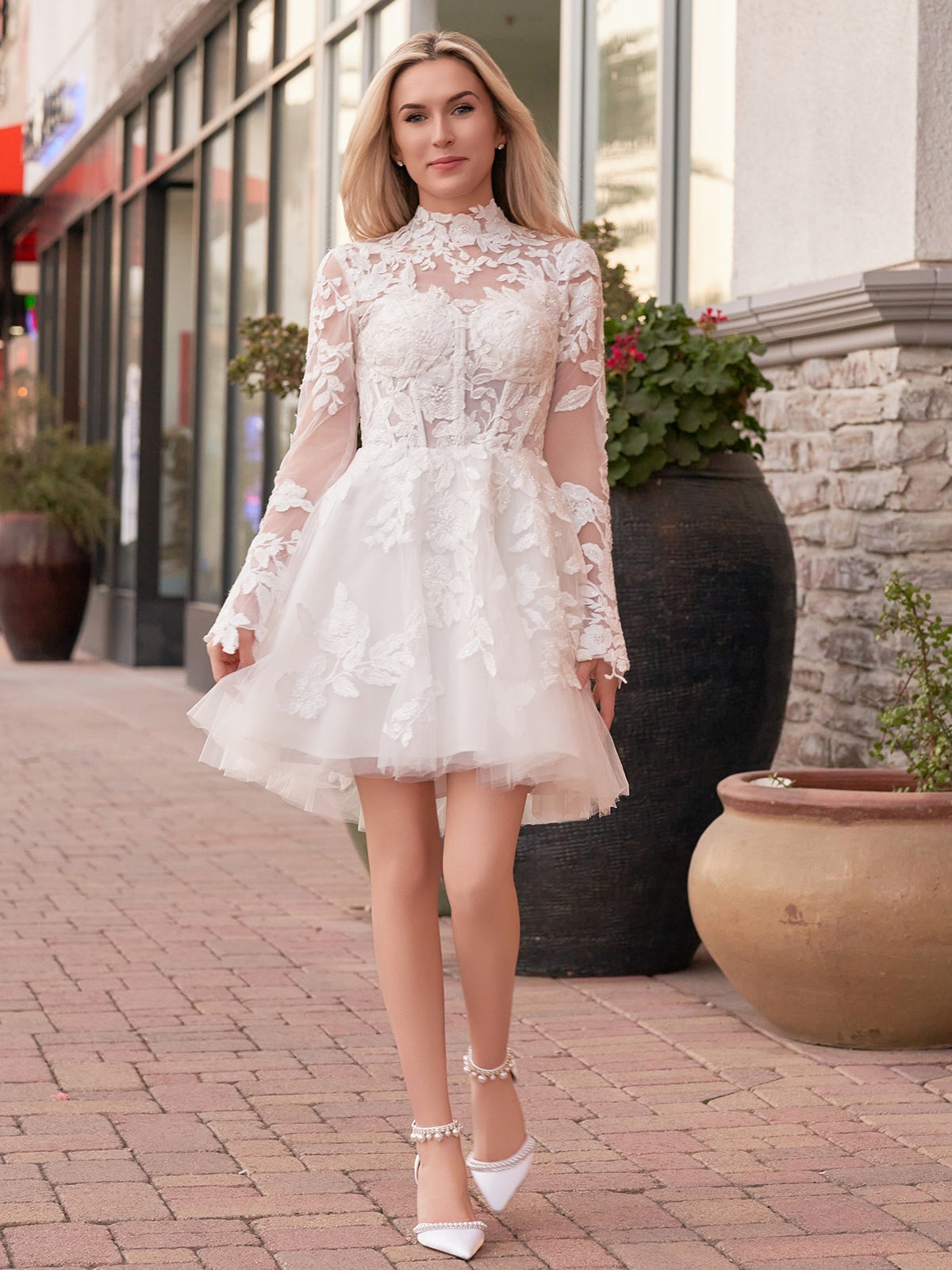 Short White A-Line Illusion Neck Long Sleeves Lace Wedding Dresses