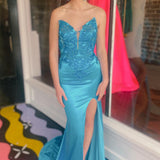 Loey | Mermaid V Neck Blue Satin Mermaid Prom Dress with Slit