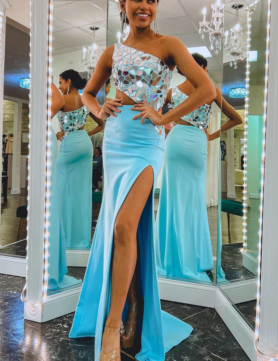 Ashley |Sheath One Shoulder Cut Mirror Sequins Prom Dress