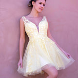 Low V Back Applique Tulle Mini Length Homecoming Dress