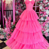 Lula | Hot Pink Ball Gown Tiered Tulle Long Prom Dress