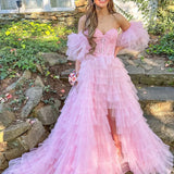 Lunaire | A Line Sweetheart Pink Tiered Tulle Prom Dress with Slit