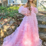 Lunaire | A Line Sweetheart Pink Tiered Tulle Prom Dress with Slit