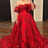 Red Floral Lace Strapless Ball Gown with Puff Sleeves