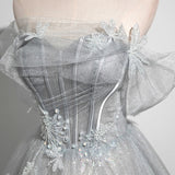 Tiana | Gray A-Line Off the Shoulder Tulle Prom Dress, Lovely Corset Floor Length Party Dress