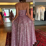 Lyricism | Blush Pink Strapless A-Line Sequins Long Prom Dresses