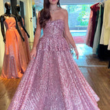 Lyricism | Blush Pink Strapless A-Line Sequins Long Prom Dresses