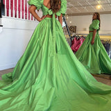 Makai | Green Two-Piece Puff Sleeves Satin Long Prom Dress With Split