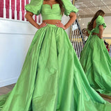 Makai | Green Two-Piece Puff Sleeves Satin Long Prom Dress With Split