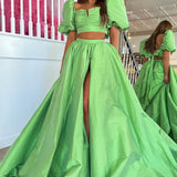 Makai | Green Two-Piece Puff Sleeves Satin Long Prom Dress With Split