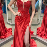 Mandel|Red One-Shoulder 3D Floral Lace Pleated Long Gown with Slit