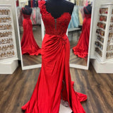 Mandel|Red One-Shoulder 3D Floral Lace Pleated Long Gown with Slit