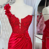 Mandel|Red One-Shoulder 3D Floral Lace Pleated Long Gown with Slit